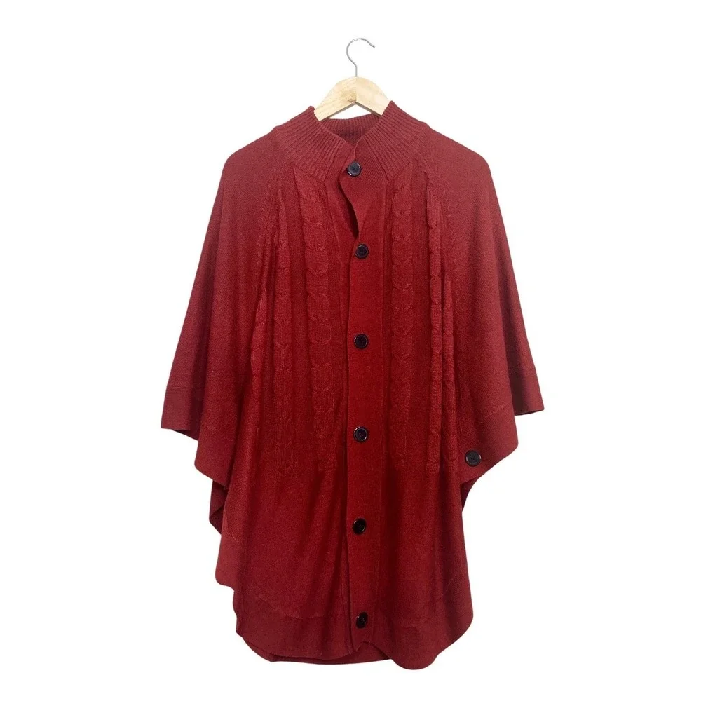 Argee Womens Red Cable Knit Button Front Poncho Sweater‎ Mock Neck L/XL